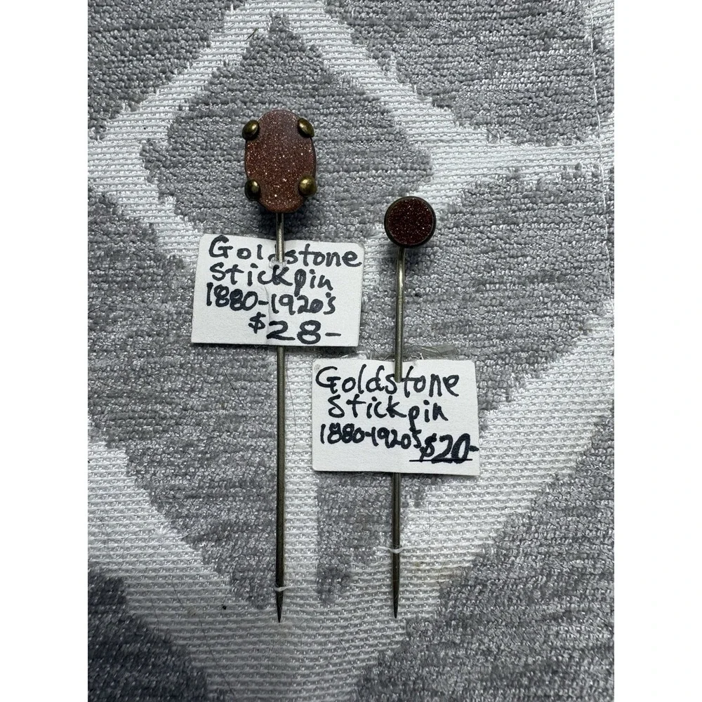 Vintage Antique POLISHED GOLDSTONE Stick‎ Pin Brass Lot Of 2